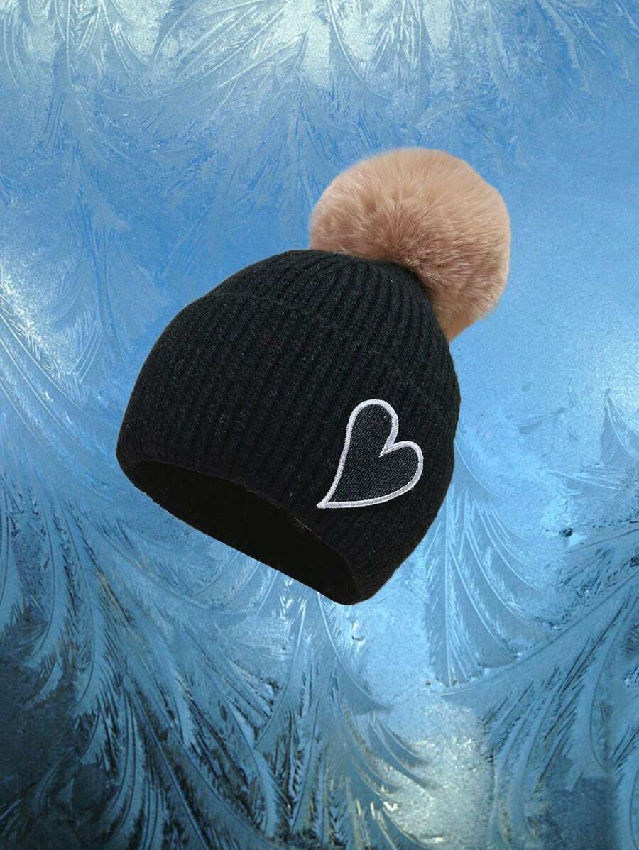 Girls Heart & Pom Pom Decor Cuff Beanie - Black - View 1