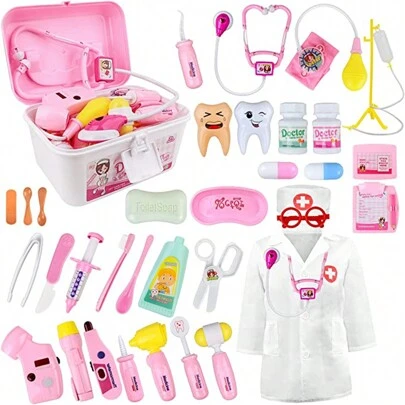 Juegos de Médicos,35 Piezas Kit de Doctor para Niños,Kit de Dentista con Estetoscopio y Abrigo,Kit de Dentista con Caja de Transporte,Regalo de Navidad,Día del Niño,Cumpleaños,Fiestas,Juego de Roles del Doctor