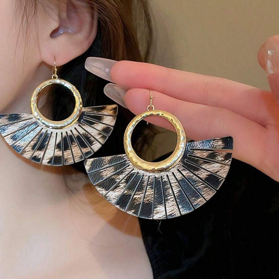 1對豹紋印花皮革流蘇圓環耳環,帶掛鉤創意設計耳環,優雅奢華風格,適合女性日常佩戴及節日贈禮 - 咖啡 - 查看 1