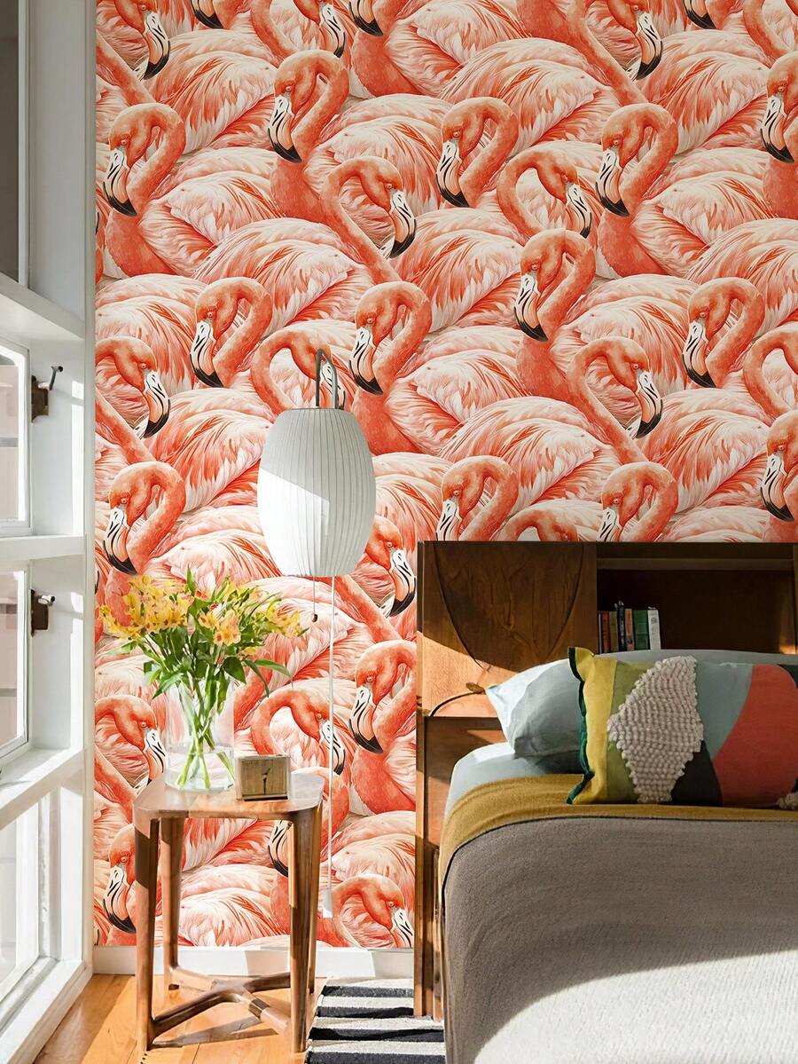 1入組火烈鳥壁畫壁紙,自粘pvc壁紙貼紙,家居裝飾橘皮和黏貼火烈鳥壁紙