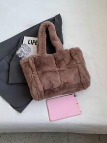 毛茸茸包包女士秋冬大容量手提包,小眾設計毛絨包單肩包 - 棕色 - 查看 3