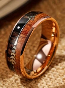 1pc Fashion 8mm Men's Rose Gold Color Stainless Steel Arrow Rings For Men Inlaid Koa Wood Rings Wedding Band Jewelry Gift - Multicolor - View 2