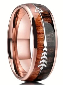1pc Fashion 8mm Men's Rose Gold Color Stainless Steel Arrow Rings For Men Inlaid Koa Wood Rings Wedding Band Jewelry Gift - Multicolor - View 1