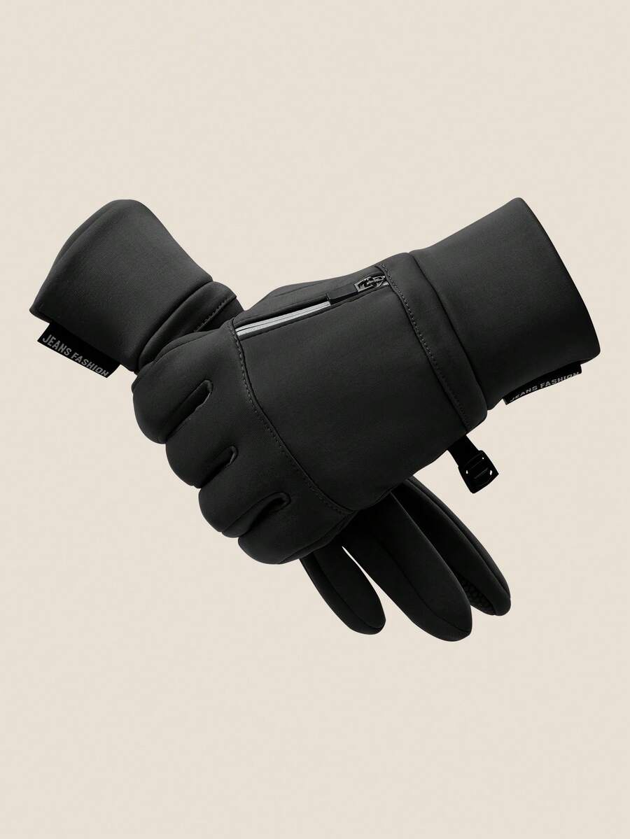 1對男士黑色尼龍混紡防滑暖手套,適用於戶外騎行 - 黑色 - 查看 1