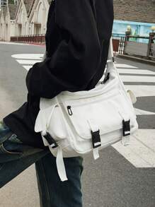 新款时尚工作装风格斜挎包，容量大，实用性强。适合大学生、上班族、日常通勤和休闲。这款包采用帆布制成，具有复古香港风格。单肩包斜挎包侧包旅行斜挎包度假书包情人节男士礼物万圣节男士礼物圣诞节男士包学生包书包尖叫声 - 白色 - 查看 1