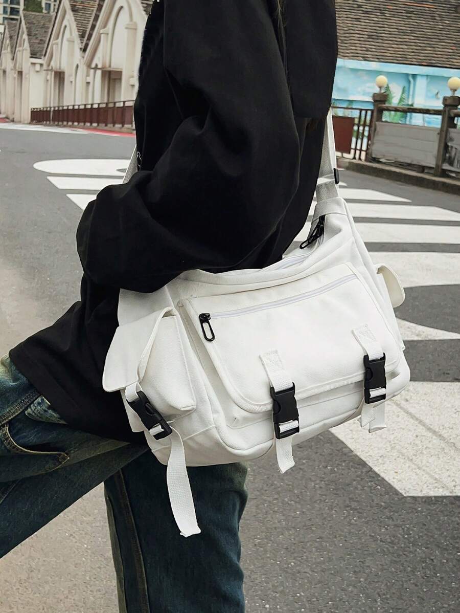 新款时尚工作装风格斜挎包，容量大，实用性强。适合大学生、上班族、日常通勤和休闲。这款包采用帆布制成，具有复古香港风格。单肩包斜挎包侧包旅行斜挎包度假书包情人节男士礼物万圣节男士礼物圣诞节男士包学生包书包尖叫声 - 白色 - 查看 1