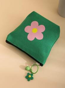 可愛的花印花色帶花鈴吊飾的迷你化妝包衛生棉存儲袋包,可愛的小女孩收納袋,是同學、朋友和親戚的最佳禮物 - 綠色 - 查看 4