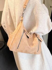 low tea 1pc Solid Color Pu Portable Zippered Chic Tote Bag Suitable For Women's Daily Use - Khaki - View 5