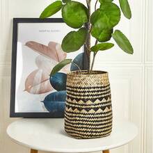 1pc 黑色条纹北欧风格手工创意工艺植物仿花花瓶，桌面个性海草编织花篮，园艺花盆，节日礼品包装干花插花装饰盆，房间装饰花篮插花工具，适用于家居陈列装饰桌面、浴室、卧室、客厅、厨房、办公室、展示、分类和多功能杂物筒收纳篮 - 彩色 - 查看 7