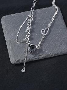 Nooxian 1 件时尚简约心形铜锆石不对称项链，女士小众高端项链 - 彩色 - 查看 2