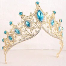1 件時尚低價湖藍色欖尖形水鑽合金皇冠適合兒童、女士、婚禮、生日、節慶派對