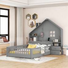 Full Wood Bed, Wood Storage Daybed with Shelves and a set of Sockets and USB Port, Wooden Platform Bed with Window and Bedside Drawers for Teens and Adults, Bed Frame - Gray - 查看 1