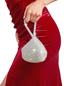 Asymmetric Shaped Rhinestone Embellished Women Evening Clutch Bag, Glamorous Rhinestone Bag - Silver - View 5