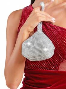 Asymmetric Shaped Rhinestone Embellished Women Evening Clutch Bag, Glamorous Rhinestone Bag - Silver - View 3