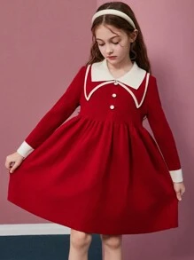 ASK JUNIOR 青少年女孩双层撞色领毛衣裙 - 紅色 - 查看 7