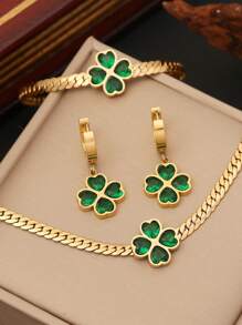 1 套绿色心形方晶锆石和花朵形不锈钢女士首饰套装，3 件（包括项链、手链和耳环），适合日常和特殊场合，是情人节礼物的理想选择