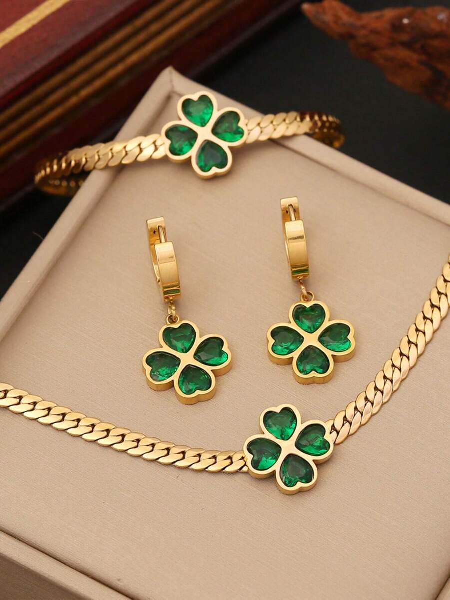 1 套绿色心形方晶锆石和花朵形不锈钢女士首饰套装，3 件（包括项链、手链和耳环），适合日常和特殊场合，是情人节礼物的理想选择