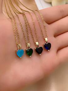 1 件女士愛心鋯石吊墜項鍊,不銹鋼單鑽石爪鎖骨鏈