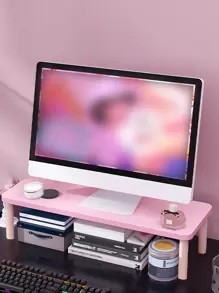 1pc Pink Wooden Laptop Stand & Storage Rack, Increase Height Desktop Monitor Riser, Laptop Base, Office Monitor Storage Organizer - Pink - View 3