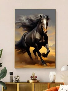 1幅復古帆布牆藝術,junma&黑馬背景,為家庭客廳大廳裝飾,無框油畫裝飾 - 杏色 - 查看 2