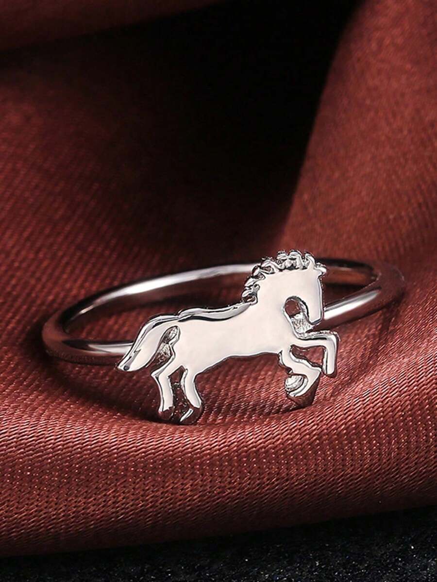 1入奢華幾何優雅馬形戒指,適用於女性婚禮、訂婚派對首飾配飾 - 銀色 - 查看 1