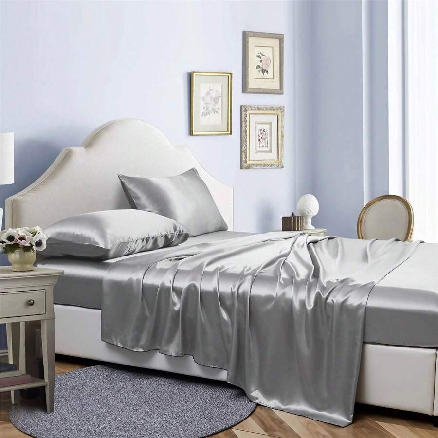 Bibb Home Silky Satin 4 Piece Sheet Set - 銀色 - 查看 1