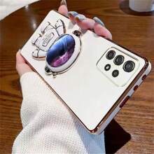 Funda de teléfono con soporte de astronauta de Apple, funda protectora plegable con recubrimiento electrolítico y resistente a golpes, compatible con Samsung A02/M02 A02S A03 A03S A04 A04S A04E A11, versión internacional, no la versión nacional - Borde recto galvanizado negro + soporte astronauta - Ver 4