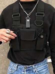 经典多功能胸包 Y 型个性化嘻哈街头风多口袋可调节肩带工装休闲背心式背包，适合户外登山、徒步、骑行。假期上学运动生活夏季包春假度假男士包黑色包包背包腰包腰带包学习用品 - 黑色 - 查看 1