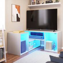 Modern Double L Shaped TV Stand Entertainment Center With LED Lights For 65/70/75 Inch TV, Deformable TV Consoles With Open Storage For Living Room, White - White - View 3