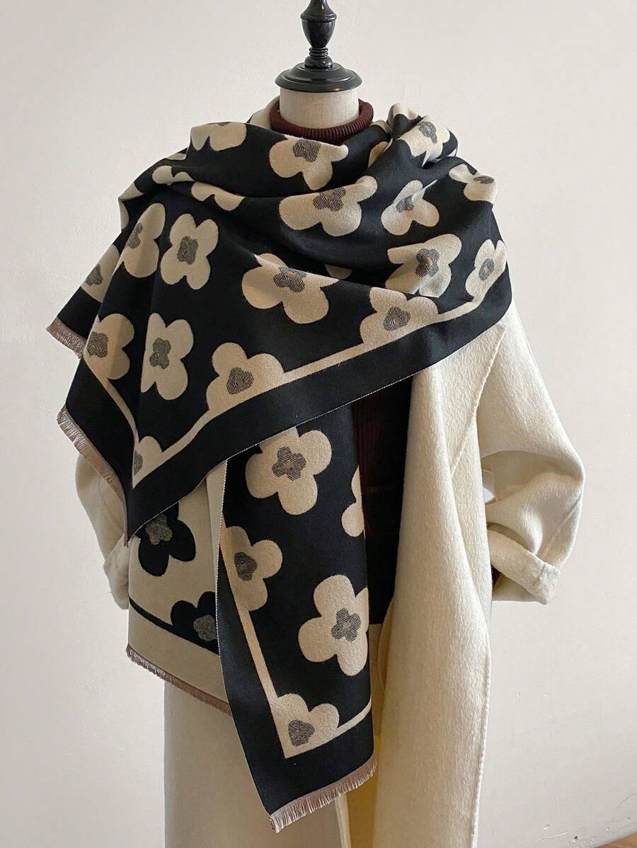 1 Miếng Của phụ nữ Tính hai mặt Cashmere Dệt hoa Hình hoa Ấm áp Khăn choàng khăn , Thích hợp Đối với Sử dụng hàng ngày In Mùa thu Và Mùa Đông - Đen và trắng - Xem 1