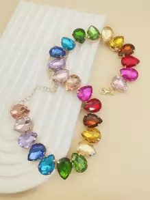 1pc Glass Crystal Heart Teardrop Necklace, Glamorous Colorful Jewel For Party, Light Surface Defects Are Normal - Multicolor - View 3