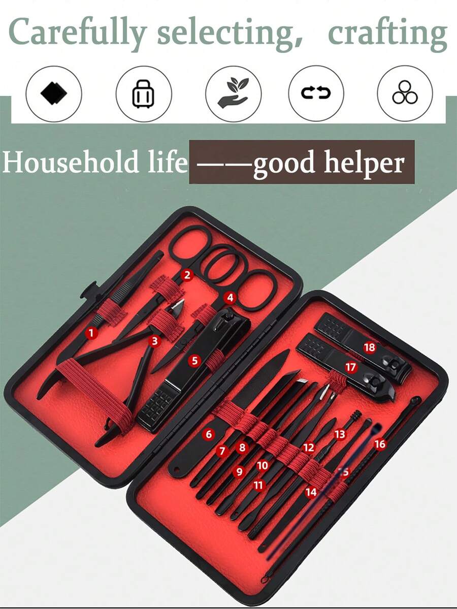 18pcs/set Stainless Steel Nail Care Set For Home Use, Includes Cuticle Trimmer, Nail Clipper, Manicure Tool Kit - Black - View 1