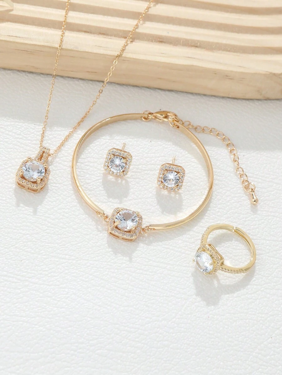 5入組流行的立方氧化鋯鑲嵌方形吊墜珠寶套裝,包括項鍊、耳環、戒指和手鐲。適合晚禮服 - 金黃色 - 查看 1