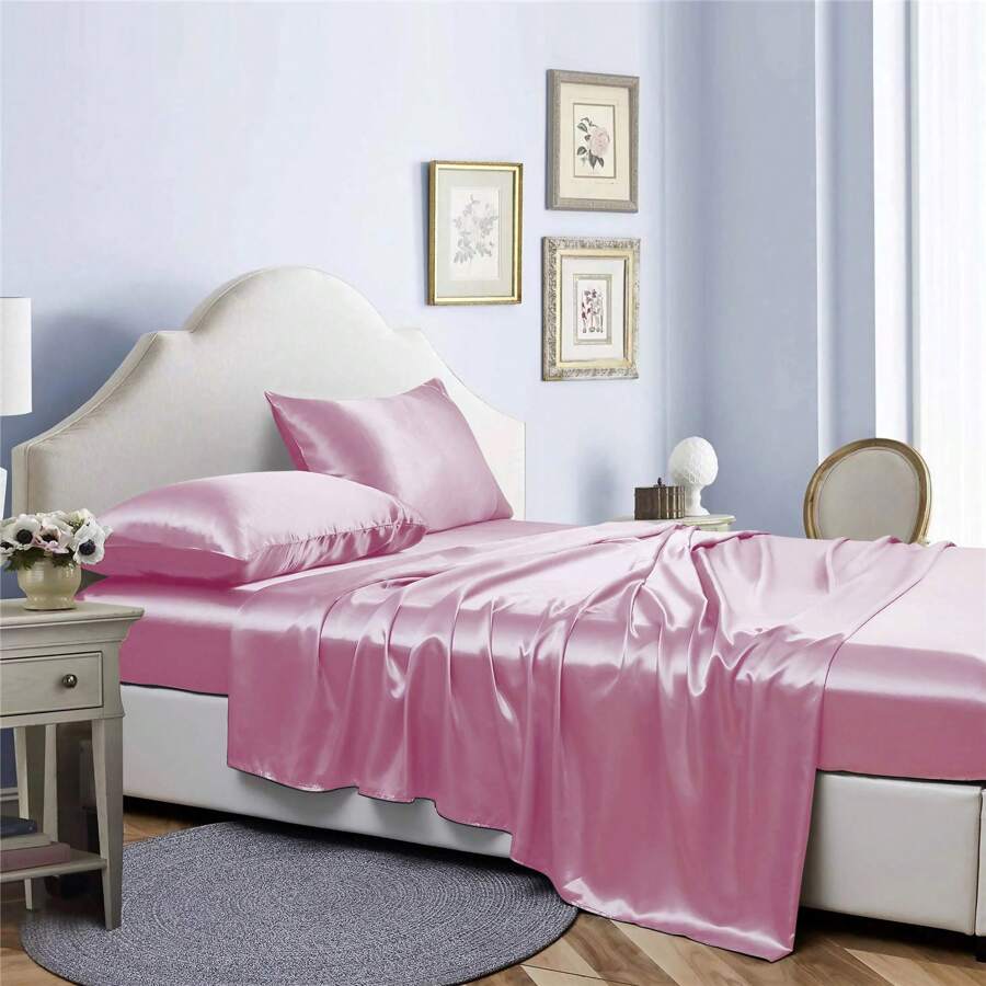 Bibb Home Silky Satin 4 Piece Sheet Set - 粉色 - 查看 1
