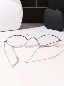1pc Oval Small Frame Glasses, Vintage Style Non-Prescription Decorative Glasses, Gold/Silver Frame - Silver - View 4