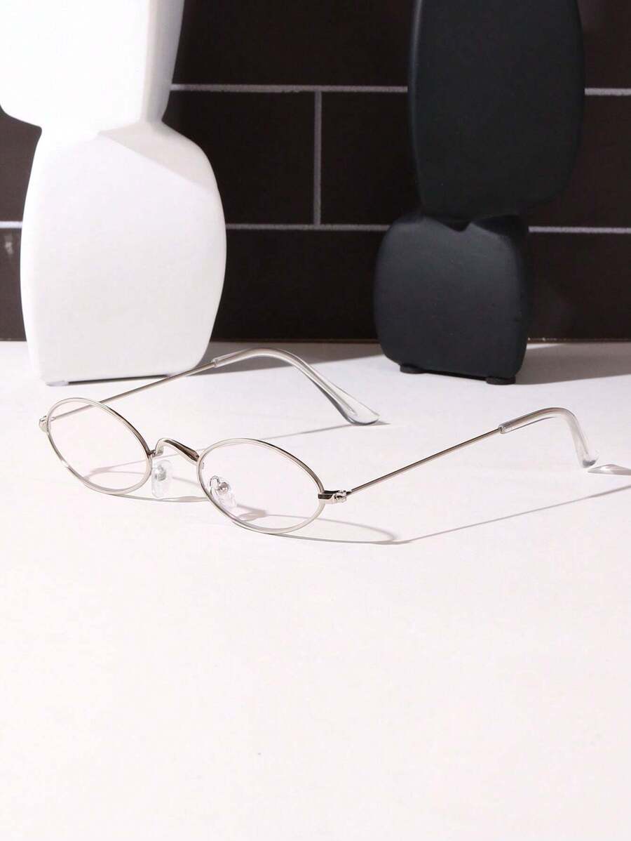 1pc Oval Small Frame Glasses, Vintage Style Non-Prescription Decorative Glasses, Gold/Silver Frame - Silver - View 1