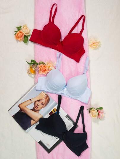 3 Sujetadores Push Up Copa C Minimalistas, Liston Frontal Diseño Unico Tirantes Ajustables Lencería Mujer