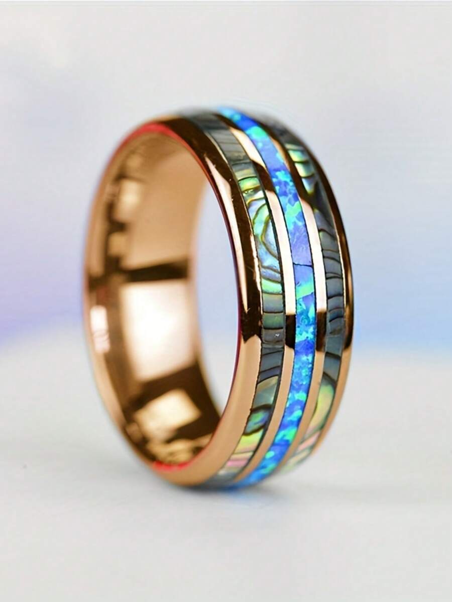 1pc Fashion 8mm Rose Gold Color Men Stainless Steel Wedding Rings Inlay Abalone Shell And Blue Opal Rings For Men Wedding Band Jewelry - Multicolor - View 1