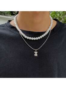 男士珍珠熊吊墜項鍊,獨特的嘻哈及極簡設計時尚配件鏈 - 小熊 - 查看 3