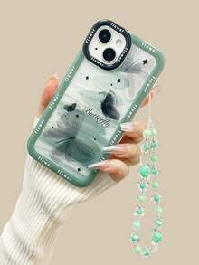 Butterfly Painting Thickened Transparent Square Anti-Fall Protective Case With Added Floral Wrist Strap Compatible With IPhone 15 Series XR/ 7/ 8, IPhone 15 Pro Max/ 13/ 14/ 11/ P12/ XS, Soft Shockproof TPU Border With Painting Compatible With IPhone 11Pro, New Arrival - Multicolor - View 3