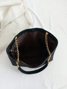 1pc Black Pu Leather Chain Decor Diamond Pattern Zipper Shoulder Bag Suitable For Daily Use, Work, School - Black - View 12