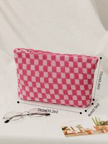 1pc Pink Large Capacity Cosmetic Bag & Coin Purse & Knit Checkerboard Pattern Women'S Handheld Clutch For Daily Use Women Gifts Girl Gifts Girlfriend Gifts - Pink - View 8