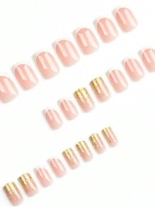 24入組短方形時尚優雅法式白邊金閃壓克力假指甲,適用於日常、派對、跳舞、辦公室女士或學生 - 彩色 - 查看 3