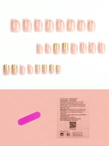 24入組短方形時尚優雅法式白邊金閃壓克力假指甲,適用於日常、派對、跳舞、辦公室女士或學生 - 彩色 - 查看 2