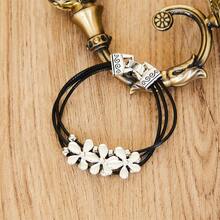 Bohemian Style Floral Pattern Leather Rope Bracelet, New Creative Party Gift For Women In Europe And America - Silver - View 4