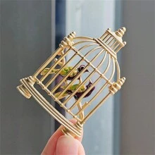 1pc Gold Color Simple And Vintage Plating Bird Cage Shaped Brooch, Oil Drop Animal Design Suitable For Women's Festival Wear - Gold - View 3