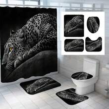 4 Pcs Leopard Shower Curtain Set with Non-Slip Rugs, Toilet Lid Cover and Bath Mat Wildlife Animal Shower Curtain Leopard Cheetah Bathroom Decor with Hooks-White Black - 杏色 - 查看 3