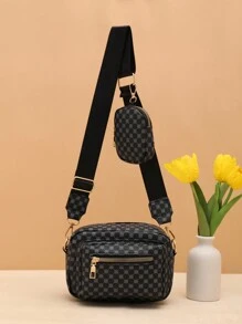 欧美复古风波点菱格印花枕头包时尚潮流多层收纳小方包儿童斜跨包 - 黑色 - 查看 1