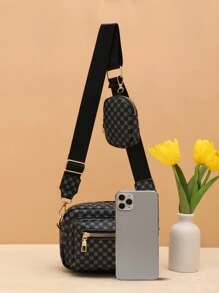 欧美复古风波点菱格印花枕头包时尚潮流多层收纳小方包儿童斜跨包 - 黑色 - 查看 4