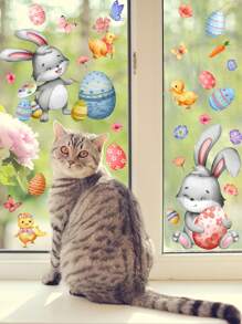 2 件/套復活節主題卡通兔子和鴨子、蝴蝶和花卉、蛋形窗貼、家居裝飾牆貼 - 彩色 - 查看 4